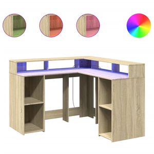 vidaXL rakstāmgalds, LED, ozola krāsa, 130x130x91cm, inženierijas koks
