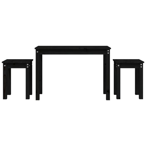 vidaXL galdiņi, 3 gab., melna, sabīdāmi, priedes masīvkoks