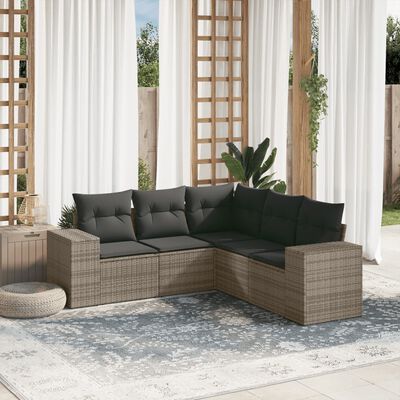 vidaXL 5-daļīgs dārza dīvāna komplekts ar matračiem, pelēks PE pinums