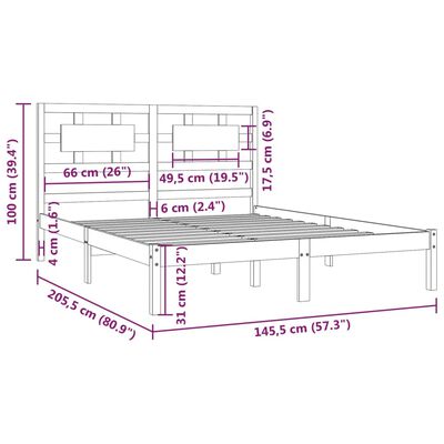 vidaXL gultas rāmis, priedes masīvkoks, melns, 140x200 cm