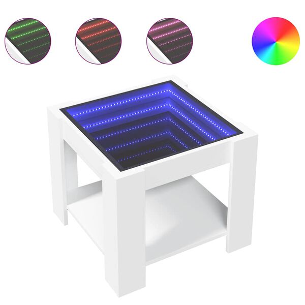 vidaXL kafijas galdiņš ar LED, balts, 53x53x45 cm, inženierijas koks