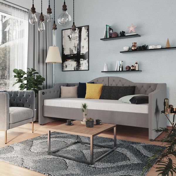 vidaXL dīvāngulta ar matraci, USB, gai&scaron;i pelēks audums, 90x200 cm