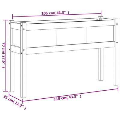 vidaXL dārza puķu kaste ar kājām, balts, 110x31x70 cm, priede