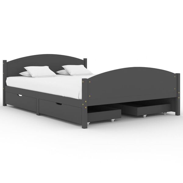 vidaXL gultas rāmis ar 4 atvilktnēm, tum&scaron;i pelēks, priede, 140x200 cm