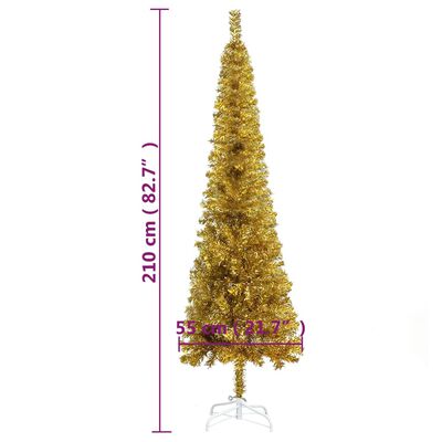 vidaXL mākslīgā Ziemassvētku egle, šaura, 210 cm, zelta krāsā