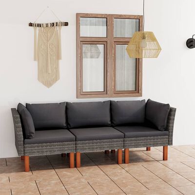 vidaXL trīsvietīgs dārza dīvāns ar matračiem, pelēka PE rotangpalma