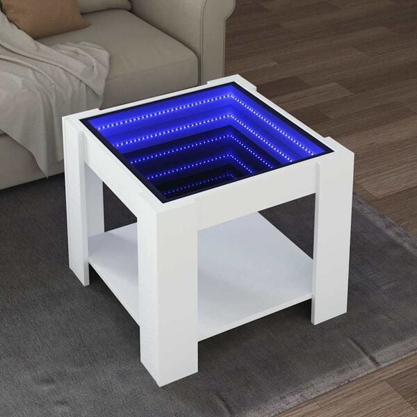 vidaXL kafijas galdiņš ar LED, balts, 53x53x45 cm, inženierijas koks