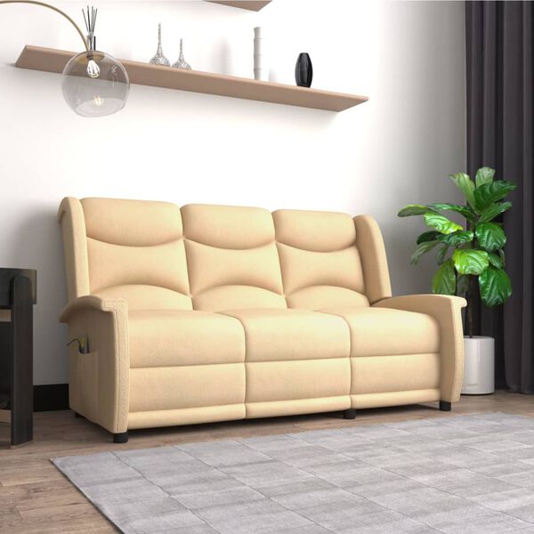 vidaXL trīsvietīgs masāžas krēsls, atgāžams, krēmkrāsas audums