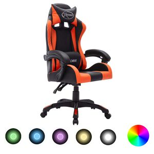 vidaXL biroja krēsls, RGB LED gaismas, oranža un melna mākslīgā āda