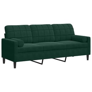 vidaXL trīsvietīgs dīvāns ar spilveniem, tum&scaron;i zaļ&scaron;, 180 cm, samts