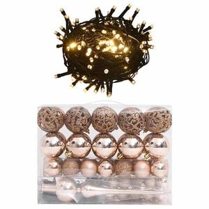 vidaXL Ziemassvētku bumbu komplekts, 60 gab., 150 LED, zeltaini rozā