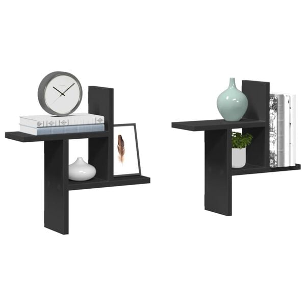 vidaXL sienas plaukti, 2 gab., melni, 38x12x38 cm, inženierijas koks