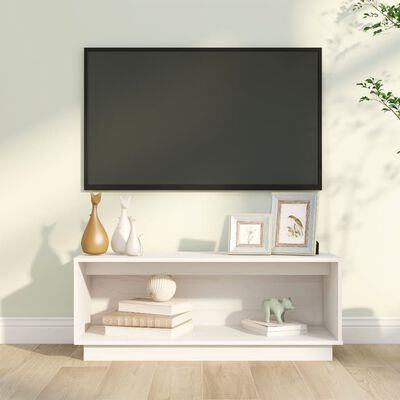 vidaXL TV plaukts, balts, 90x35x35 cm, priedes masīvkoks