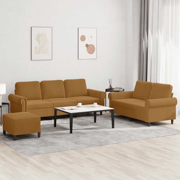 vidaXL trīsdaļīgs dīvānu komplekts ar spilveniem, brūns samts