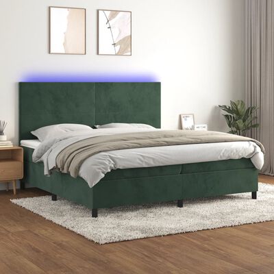 vidaXL atsperu gulta ar matraci, LED, tumši zaļš samts, 200x200 cm
