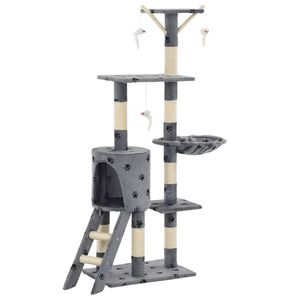 vidaXL kaķu māja, stabi nagu asinā&scaron;anai, 138cm, pelēka ar ķepu apdruku