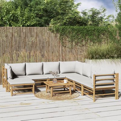 vidaXL 9-daļīgs dārza dīvānu komplekts ar pelēkiem matračiem, bambuss