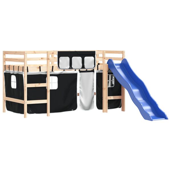 vidaXL bērnu gulta ar aizkariem, melni ar baltu, 80x200 cm, priede