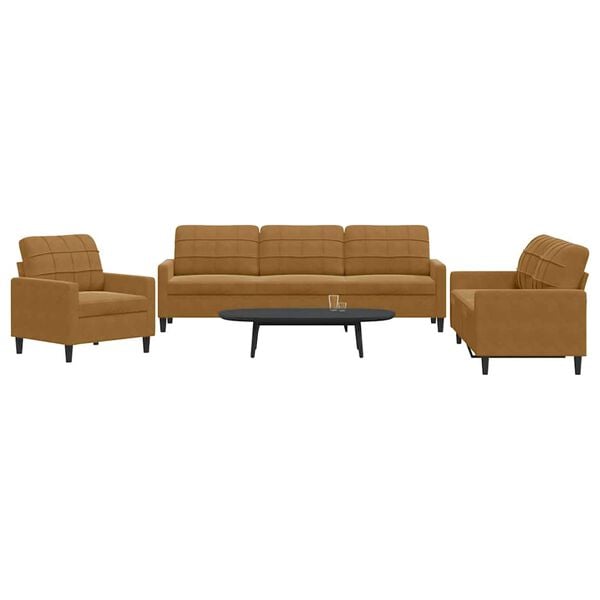 vidaXL trīsdaļīgs dīvānu komplekts ar spilveniem, brūns samts