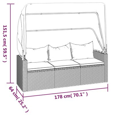 vidaXL trīsvietīgs dārza dīvāns ar jumtu, kājsoliņu, PE rotangpalma