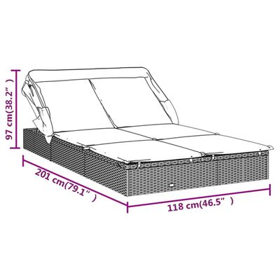 vidaXL sauļošanās gulta, saliekams jumts, melns PE pinums, divvietīga