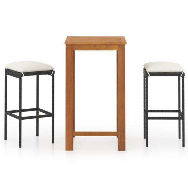 vidaXL 3-daļīgs dārza bāra mēbeļu komplekts ar matračiem, melns