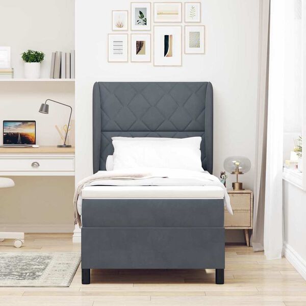 vidaXL Kastītes atsperu gulta Tum&scaron;i pelēks 200 x 90 cm Poliesters