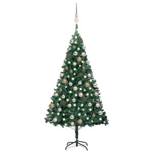 vidaXL izgaismota mākslīgā Ziemassvētku egle ar rotājumiem, 150cm, PVC