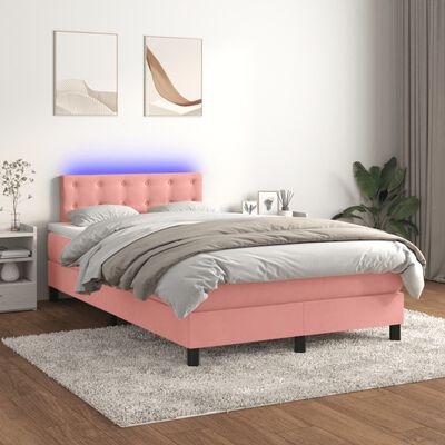 vidaXL atsperu gulta ar matraci, LED, rozā samts, 120x190 cm