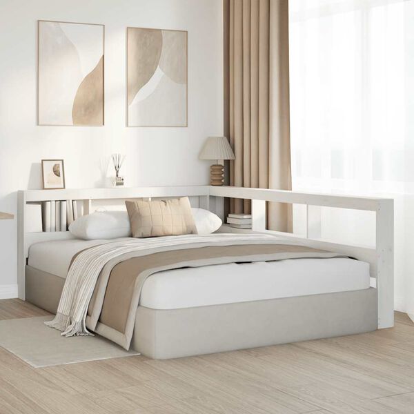 vidaXL Grāmatu skapja galvgalis L-veida balts 140 cm priedes masīvkoks