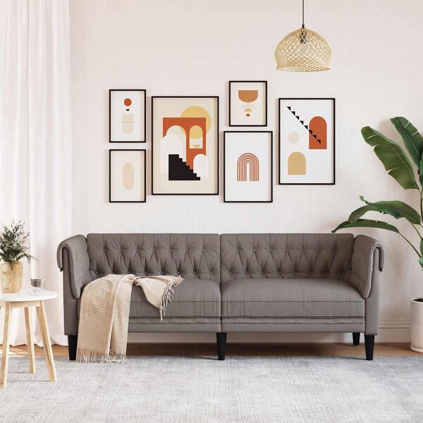 vidaXL trīsvietīgs Chesterfield dīvāns, pelēkbrūns audums