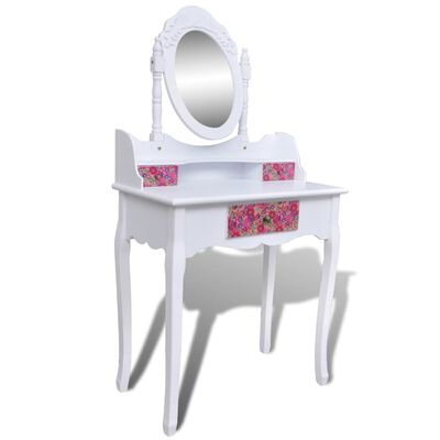 vidaXL kosmētikas galdiņš ar spoguli un soliņu, puķains raksts