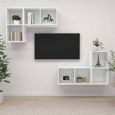 vidaXL sienas TV plaukti, 4 gab., spīdīgi balti, skaidu plāksne