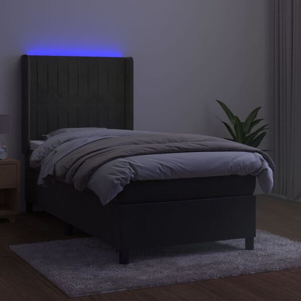 vidaXL atsperu gulta ar matraci, LED, tum&scaron;i pelēks samts, 90x190 cm