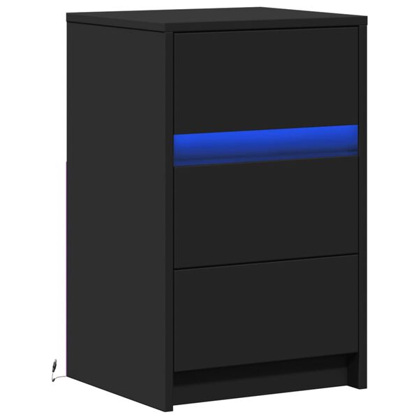 vidaXL naktsskapītis ar LED apgaismojumu, melns, inženierijas koks