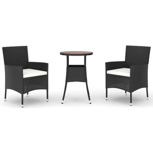 vidaXL 3-daļīgs bistro mēbeļu komplekts, matrači, melna PE rotangpalma