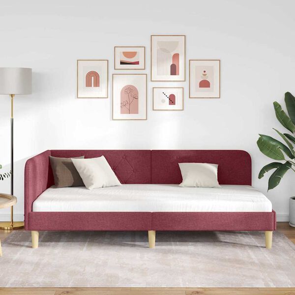 vidaXL Stūra gultas rāmis Vīna sarkans 90 x 190 cm audums