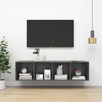 vidaXL sienas TV plaukts, spīdīgi pelēks, 37x37x142,5cm, skaidu plātne