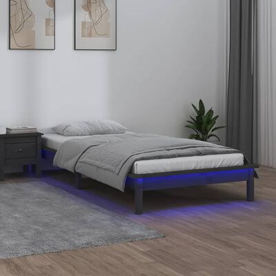 vidaXL gultas rāmis, LED, pelēks, 90x200 cm, masīvkoks