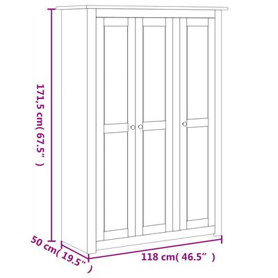 vidaXL skapis, 3 durvis, pelēks, 118x50x171,5 cm, priedes koks