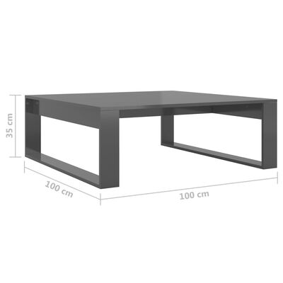 vidaXL kafijas galdiņš, 100x100x35 cm, spīdīgi pelēks, skaidu plāksne