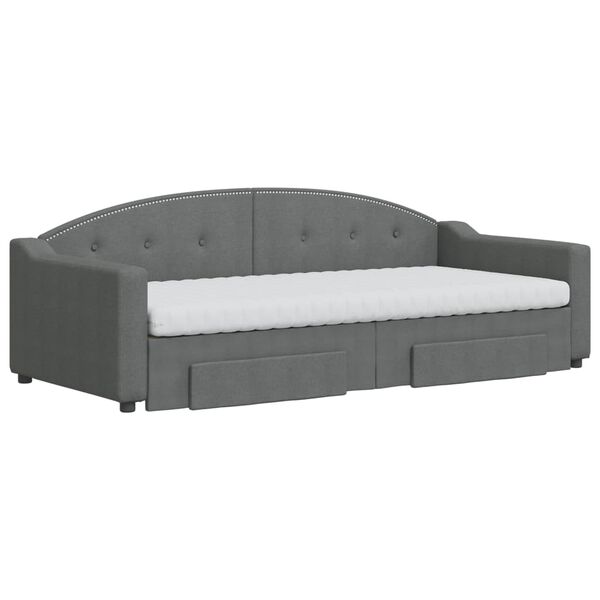 vidaXL izvelkams dīvāns ar atvilktnēm, tum&scaron;i pelēks audums, 90x200 cm