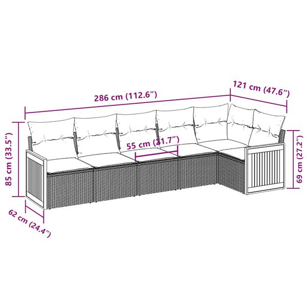 vidaXL 6-daļīgs dārza dīvāna komplekts, matrači, melna PE rotanpalma