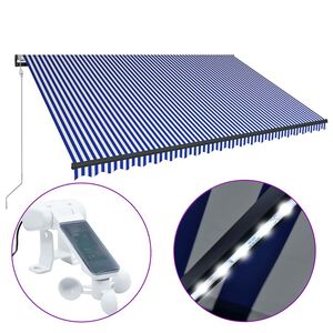 vidaXL markīze ar vēja sensoru un LED, 500x300 cm, zila ar baltu