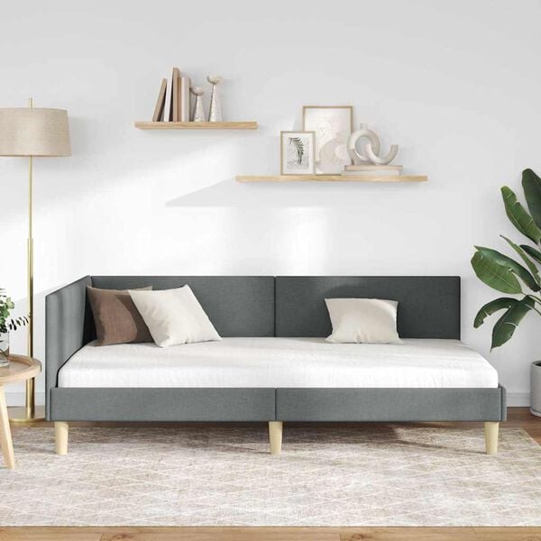 vidaXL Stūra gultas rāmis ar galvas klāju Tum&scaron;i pelēks 90 cm x 200 cm