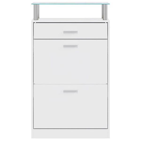 vidaXL apavu plaukts ar atvilktni un stikla plauktu, balts