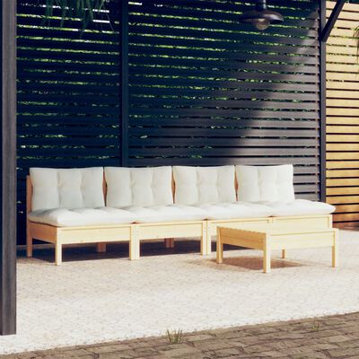 vidaXL 5-daļīgs dārza mēbeļu komplekts ar krēmkrāsas matračiem, priede