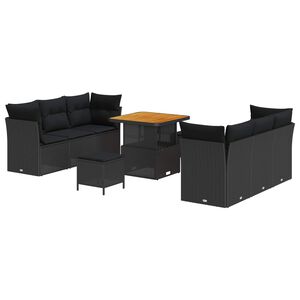 vidaXL Dārza dīvānu komplekts ar spilvenu 9 pcs Melna poliratāns