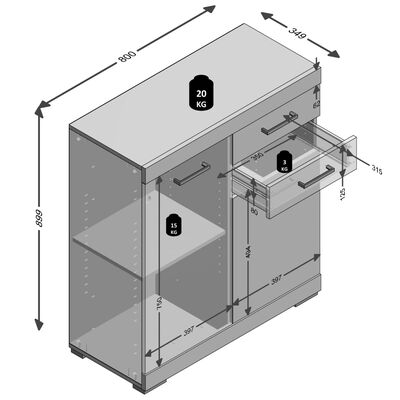 FMD kumode, 2 durvis un 2 atvilktnes, 80x34,9x89,9 cm, ozolkoka krāsā