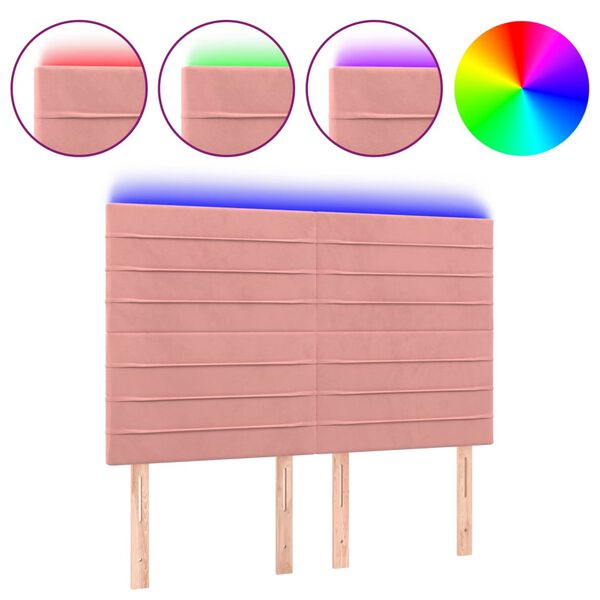 vidaXL gultas galvgalis ar LED, 144x5x118/128 cm, rozā samts